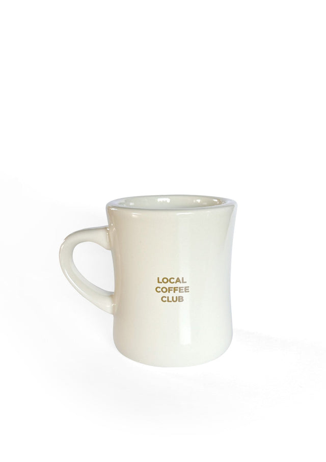 Local Coffee Club Mug in classic white ceramic with gold logo, featuring curved diner-style design and comfortable handle