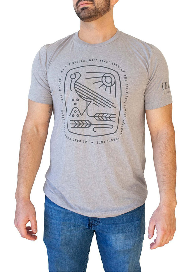 IBIS Bird Shirt Gray featuring minimalist black line art design of an ibis bird with wheat and sun motif on soft heather gray cotton