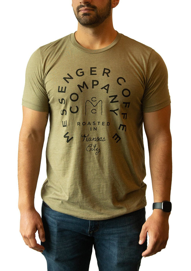 Messenger Badge Logo Shirt Olive featuring circular coffee company design in black print on olive green t-shirt